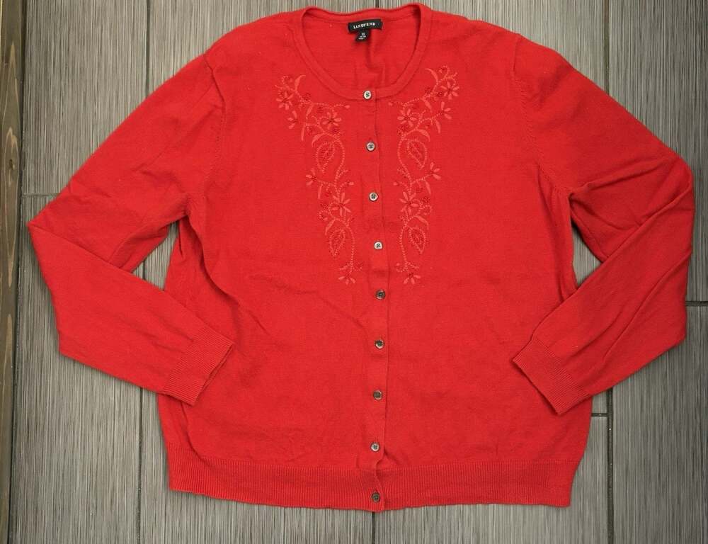 Lands' End Red Beaded Floral Embroidered Cardigan Women’s XL Cotton/Cashmere